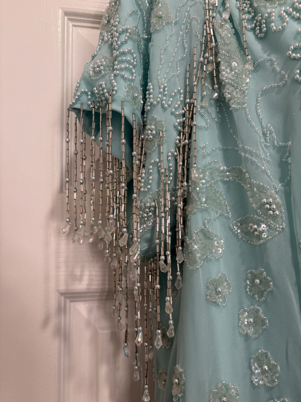 Jack Bryan Vintage Teal Beaded Chiffon Dress 18 Art Deco Gatsby Evening Flapper