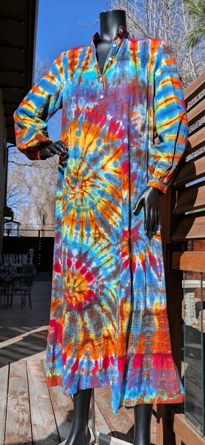 Vintage long sleeve cotton Tie Dye hippie festival dress sz L Aileen West