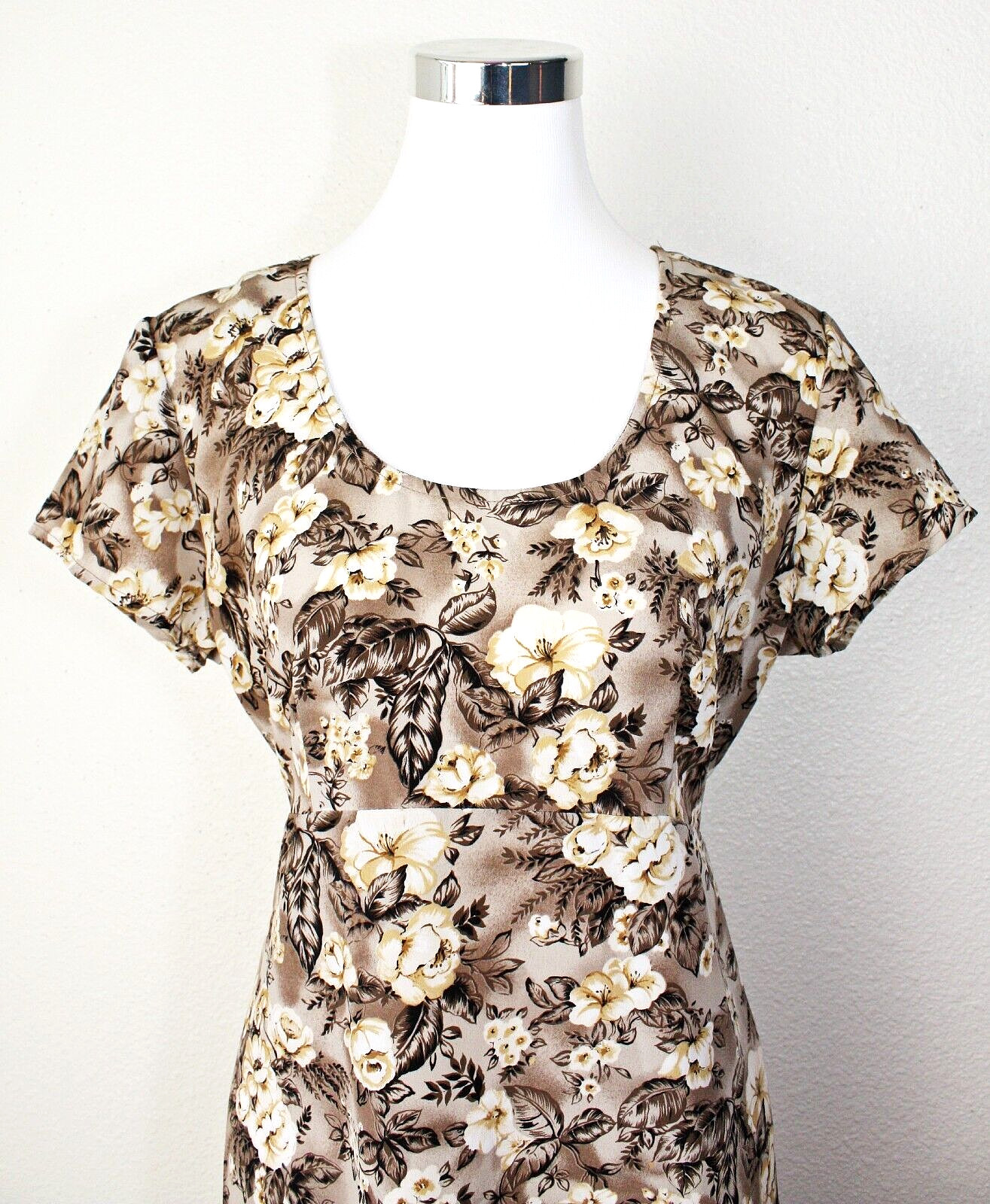 VTG ALL THAT JASS Maxi Dress Sz 13 / 14 Brown Cream Roses Short Sl. Babydoll #03
