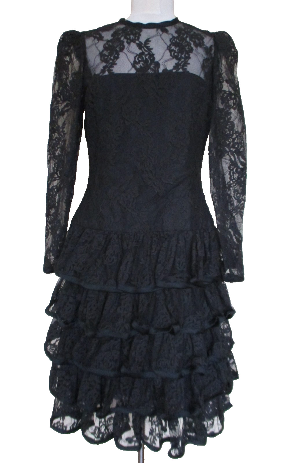 Vintage 80s Black Tiered Lace Dress M Women Long Sleeves Goth Victorian