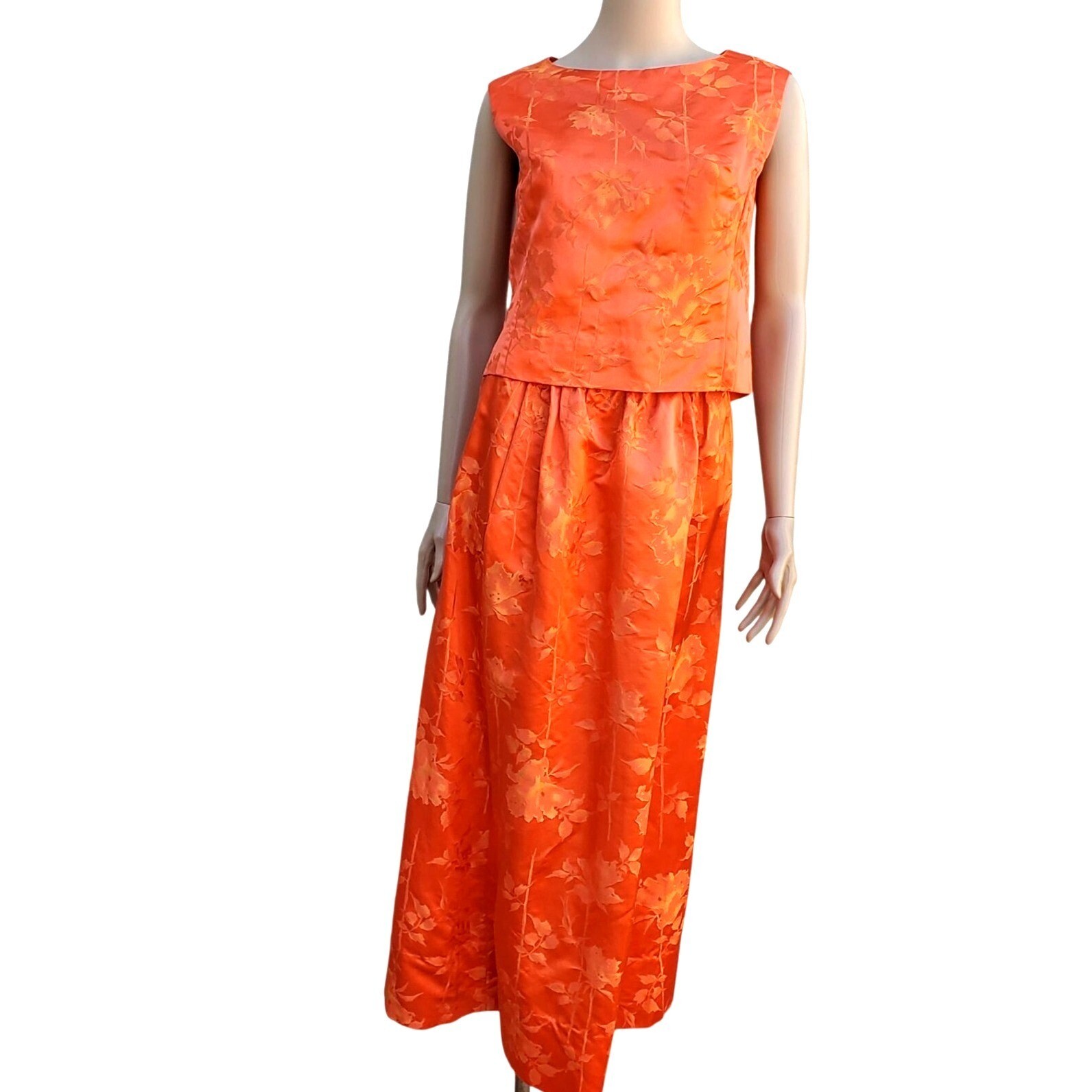 60s Vintage Maxi Skirt Set Size 4 Orange Silk Brocade Made in Hong Kong NWOT DOS