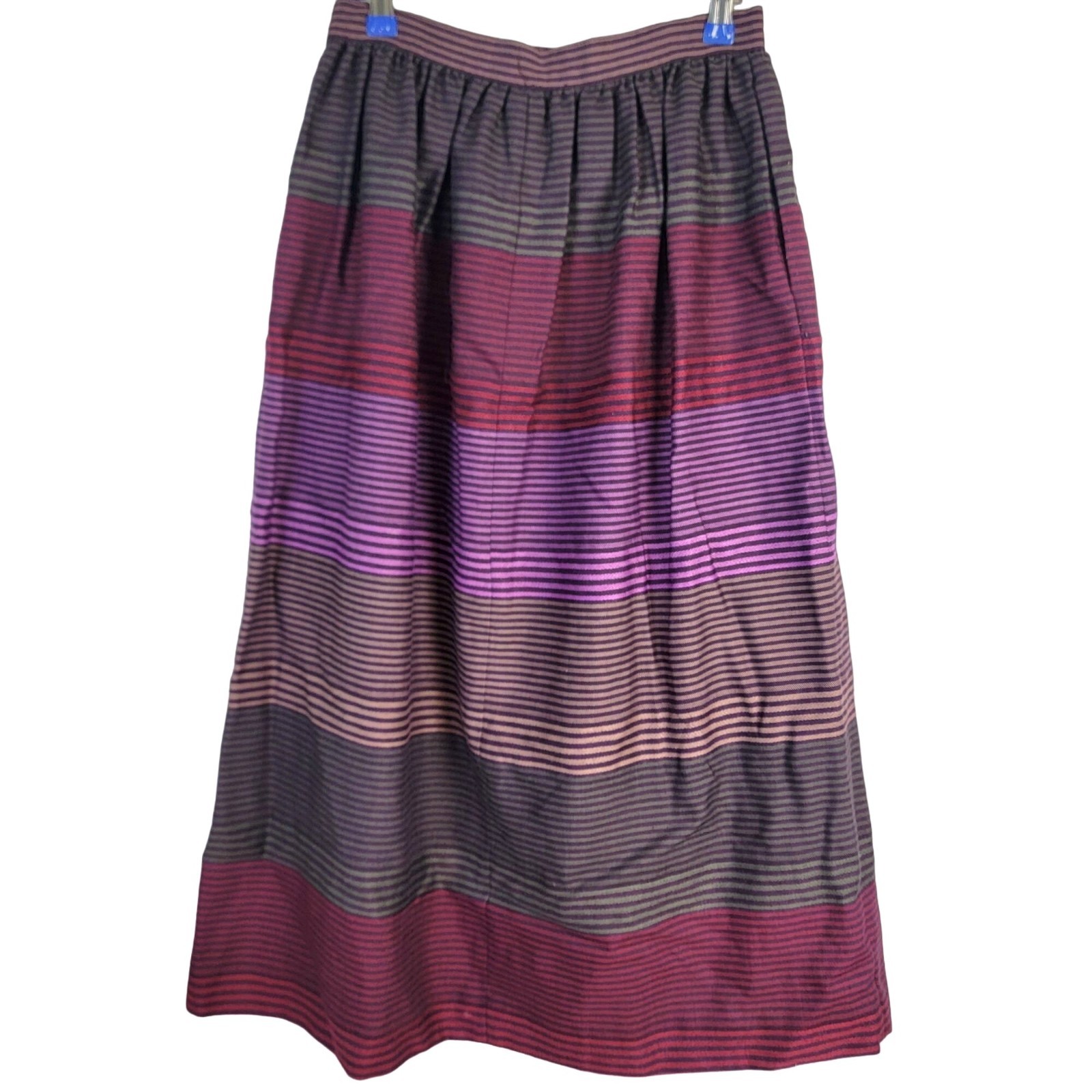 Vintage 70s Stripe Midi Skirt Women Medium Black Purple 8 10 Work Party Winter M