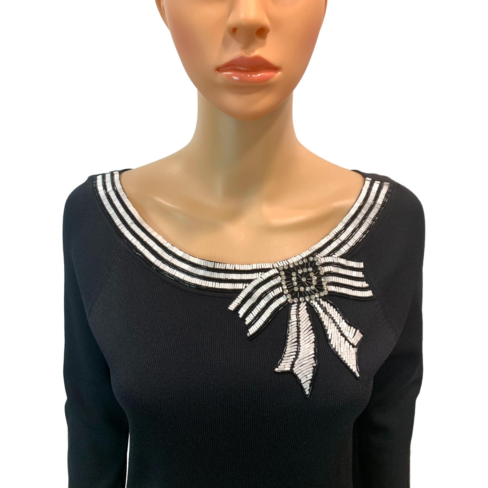 Vintage 90s Cartise Beaded Bow Sweater Black Knit Long Sleeve, Rhinestone L/M
