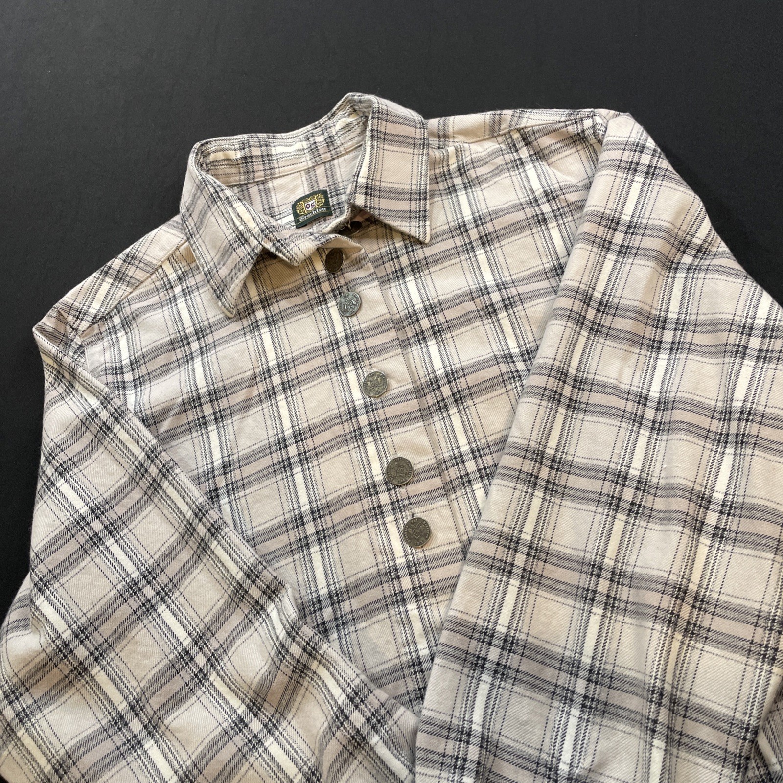 vintage OS Trachten women&rsquo;s blouse featuring a beige and black plaid