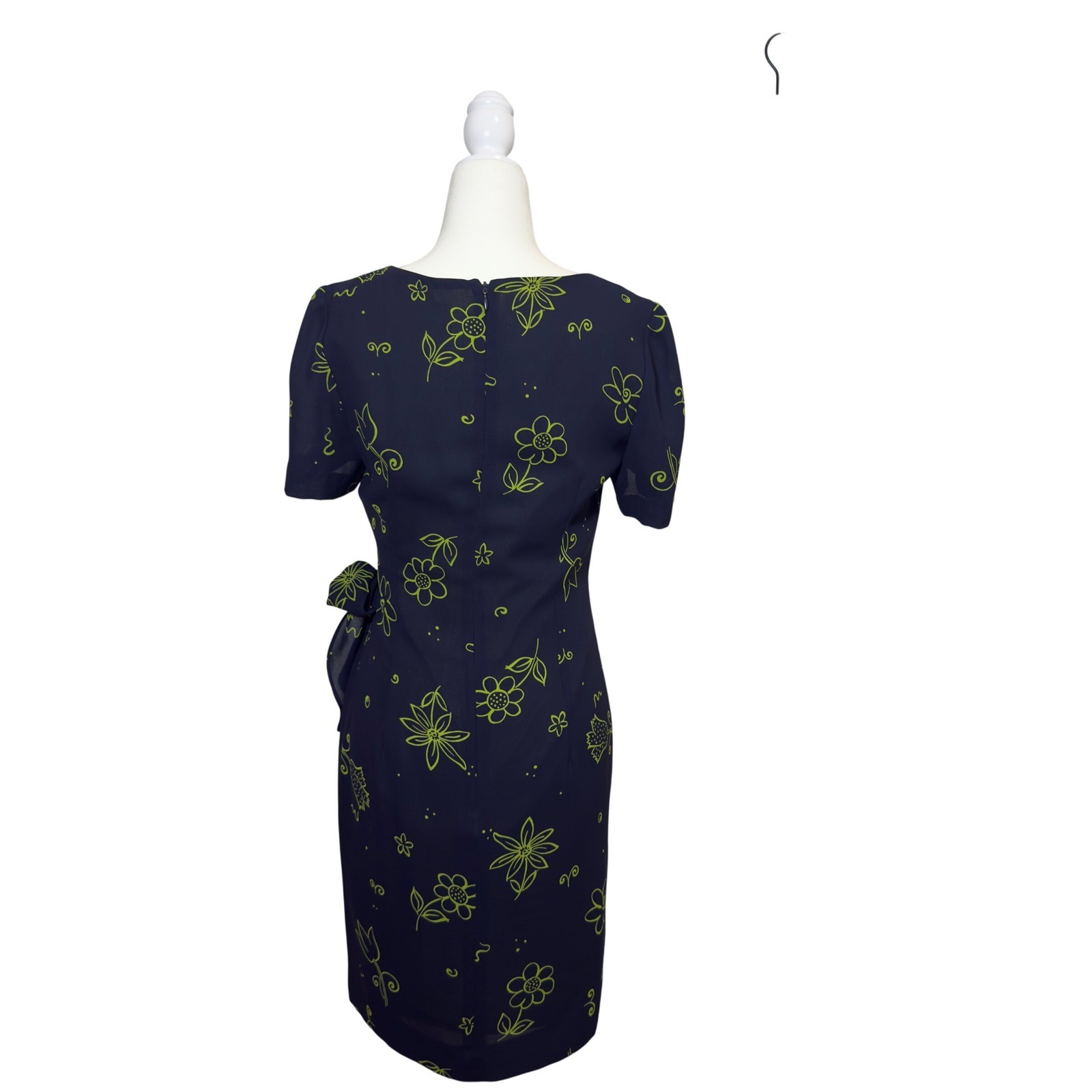 Warren Petites Navy Blue Lime Green Floral Side Tie Sheath Dress Vintage Size 4