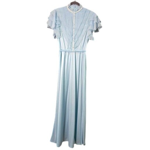 Vintage Prairie Cottagecore 70s Small Flutter Sleeve Pleated Powder Blue Dress