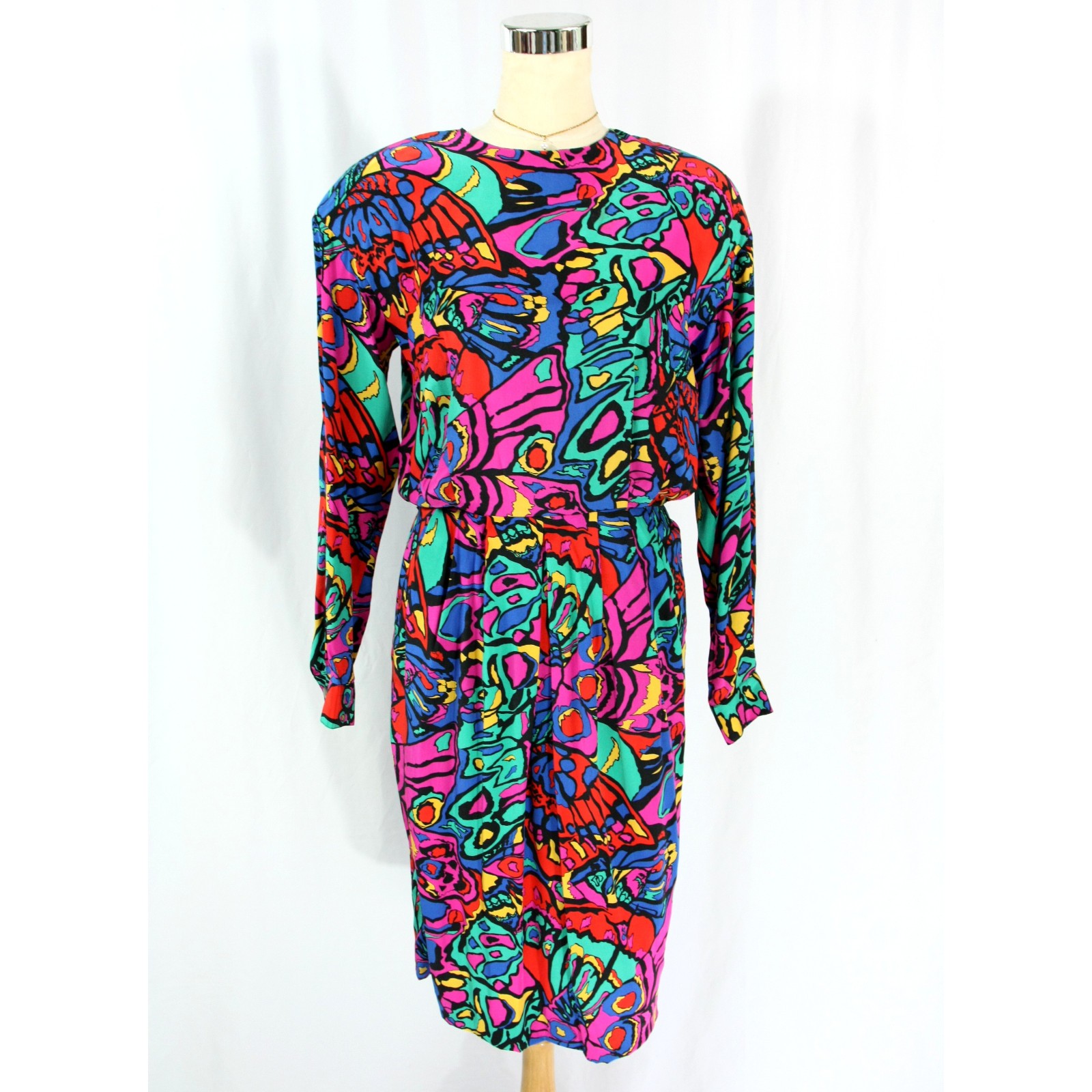 Vintage Jacqueline Ferrar Colorful Abstract Belted Pleated Silk Dress 1980s 4