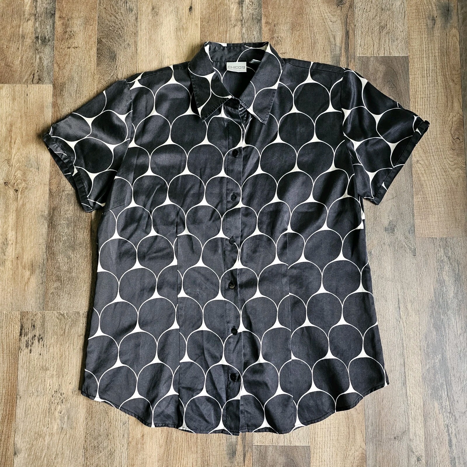 Vintage Chicos Silk Cotton Scallop Button Up Shirt Black White 90s Mod L