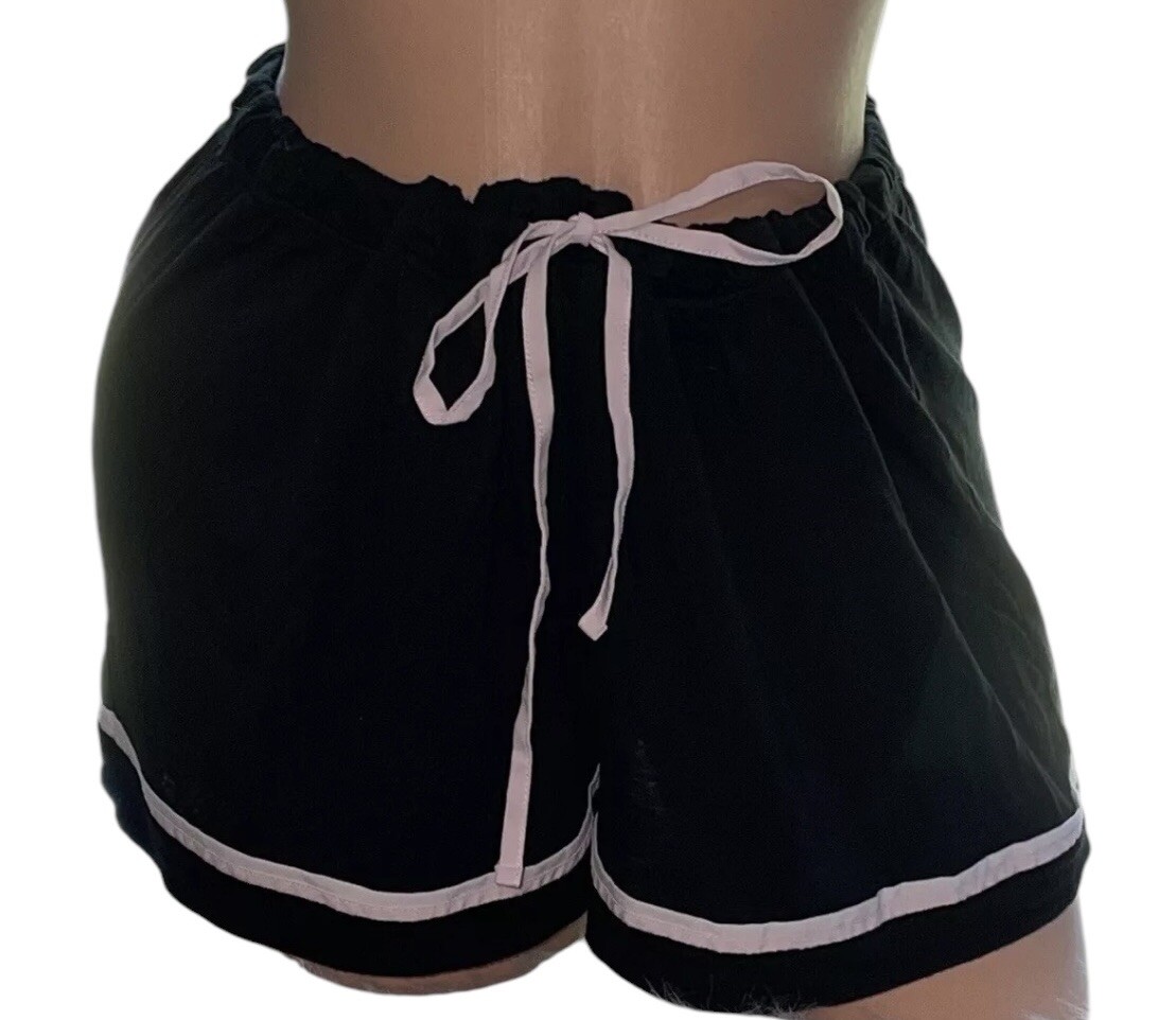 Victoria’s Secret Black Sleep Pajama Pink Trim Tie Shorts Womens L NWOT