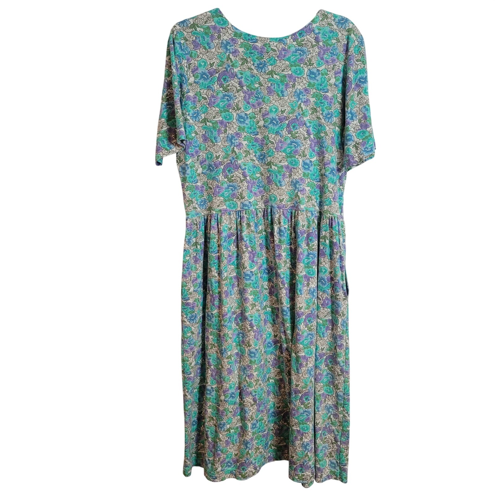 Vintage Lands End Floral Midi Dress Womens Large Teal Purple Cotton Blend USA