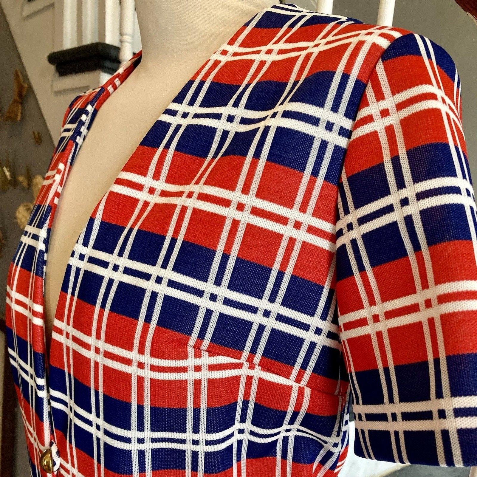 1970s Red White Blue Navy Plaid Jacket 1976 Mod Bicentennial Wear To Work Disco
