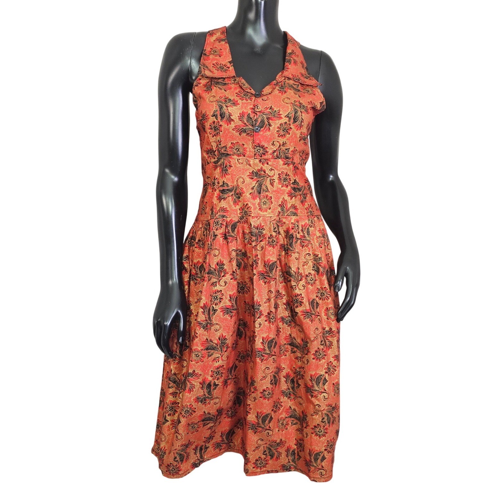 Vintage Handmade 60s Style Tiki Pinup Dress Red Gold Black