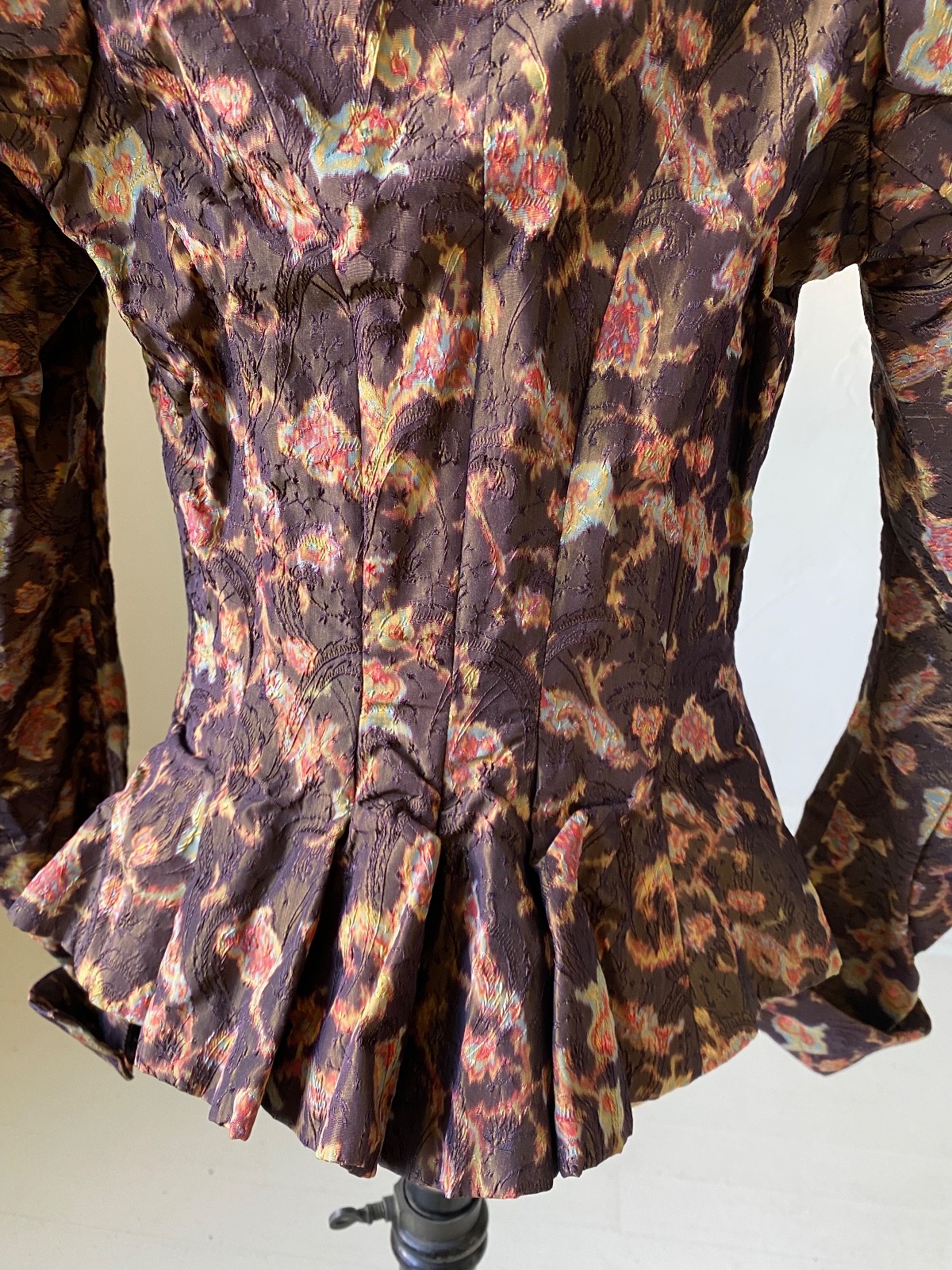 1890s Silk Jacquard Bodice Watercolor Print Puff Sleeves Antique Victorian XS