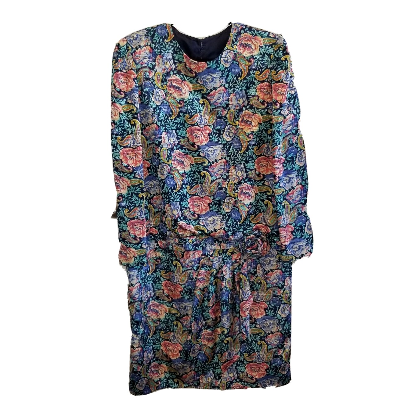 Vintage 1980s Dress Floral Paisley Drop waist Satin Cottage Core Sz 14