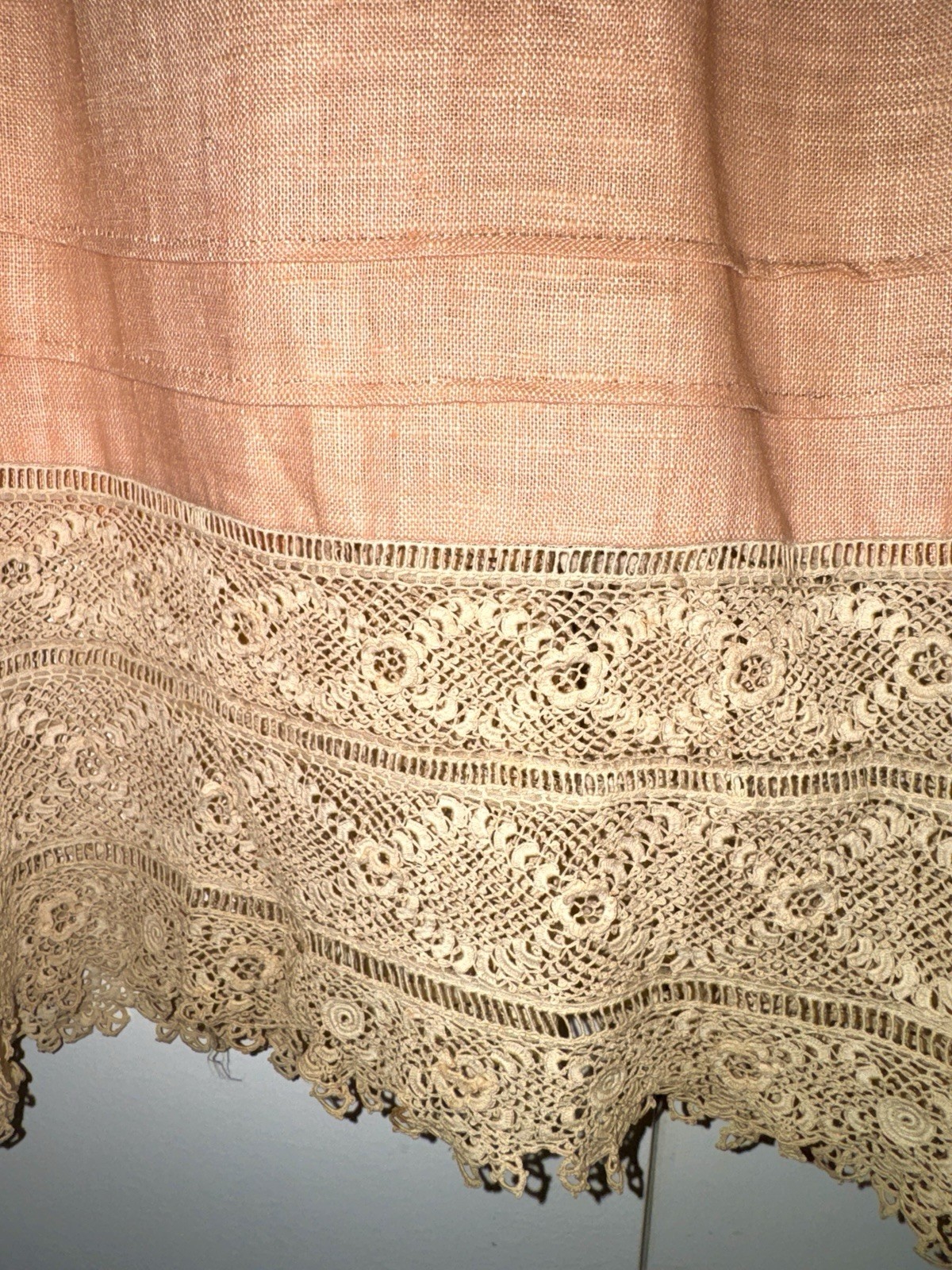 Vtg Antique Peach LINEN + LACE Button-Up Blouse MINI DRESS Robe 29&Prime; Victorian