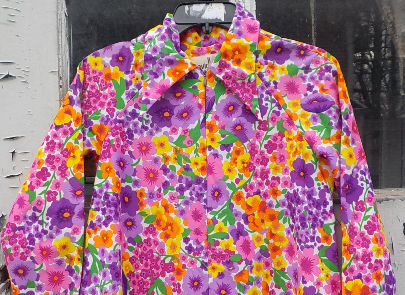 Vintage David Brown California Caftan House Lounge Maxi Dress COLORFUL FLOWERS p