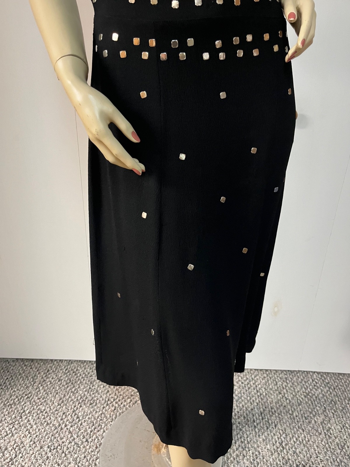 Stunning Prong Set Studded Vintage 1940s Black Rayon Mid Calf Dress Bust 38-39