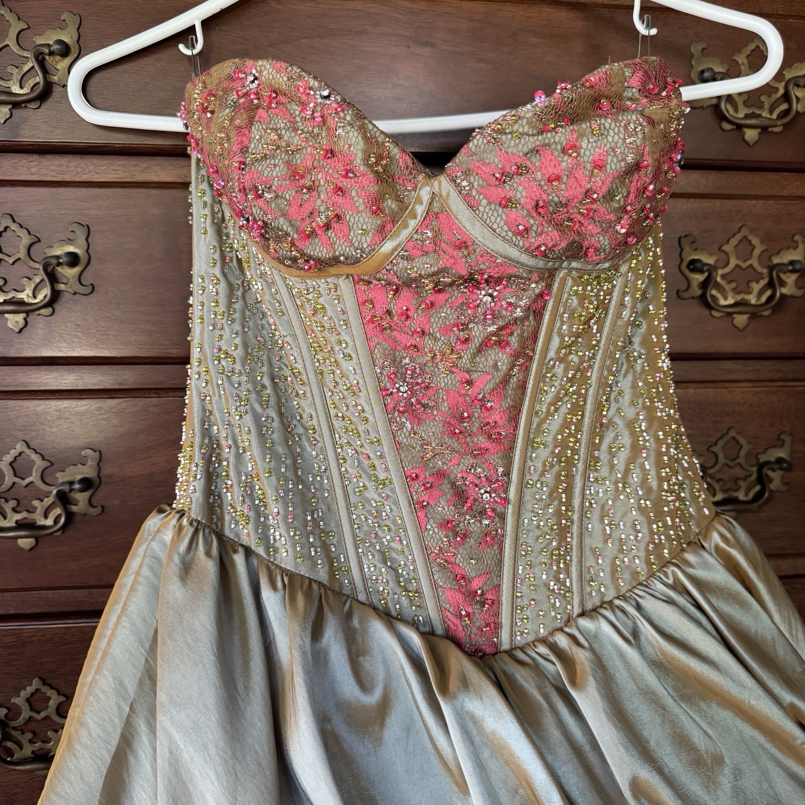 Vintage Party Time Gown With Beaded Strapless Bodice And Lace Size 2