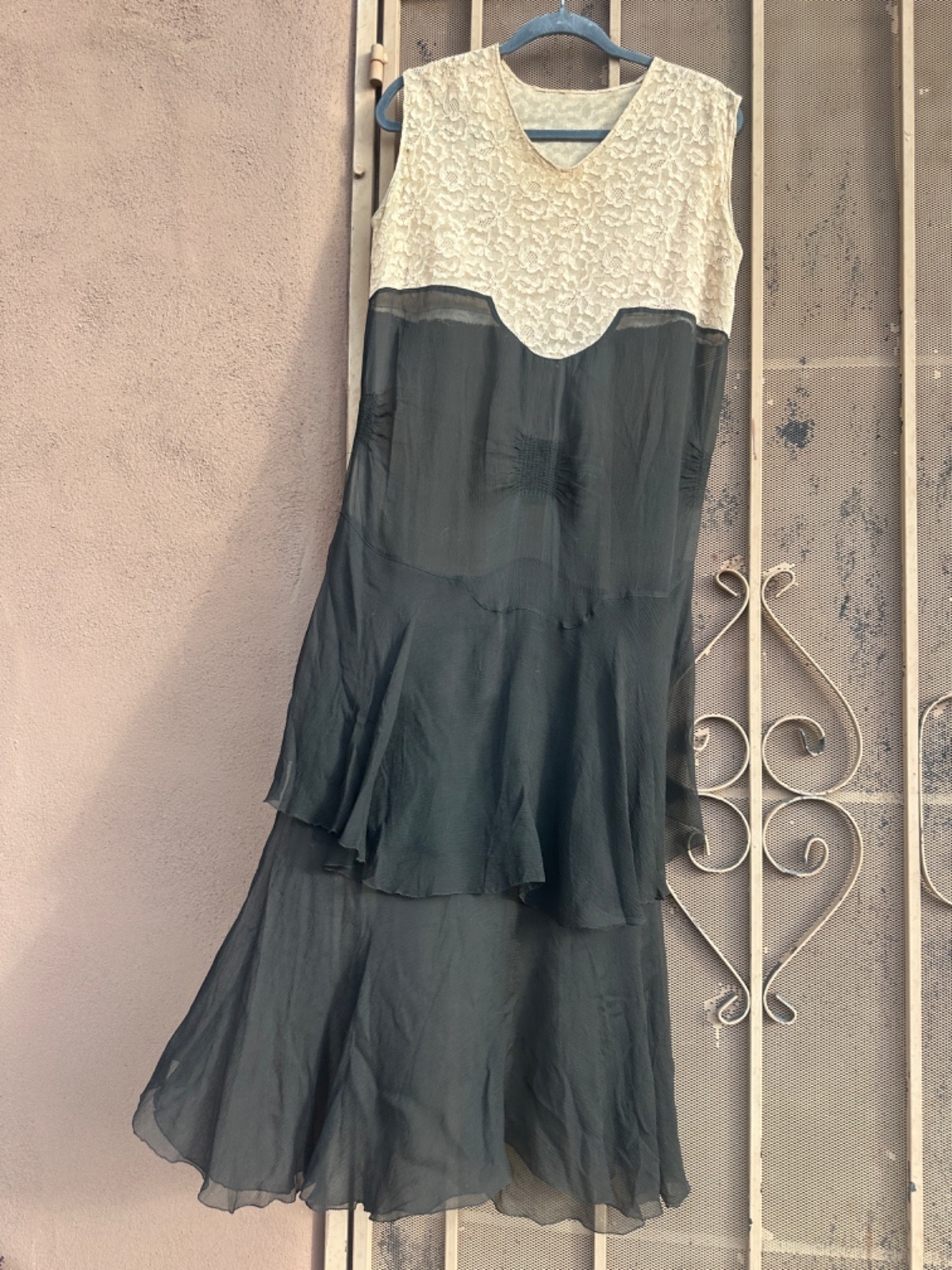 20s 30s Dress Silk Lace M/L Antique Silk Chiffon Seamstress Made