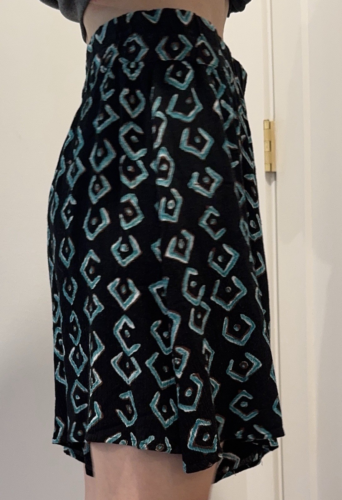 Vintage 90s Rayon Crinkle Skort S Black Teal Geometric Tribal Boho Festival