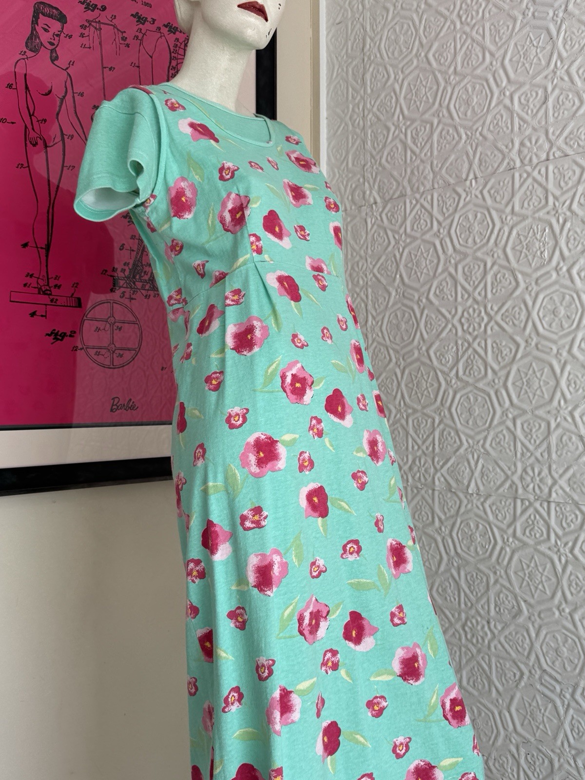 Vintage 1990s Dress Set-Knit-Floral-Spring-Cottage Green Pink-T Shirt-Tank-M