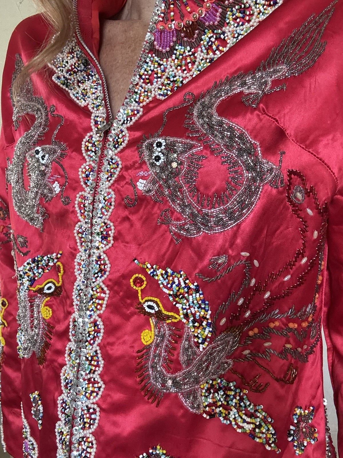 VTG 1960s Red Satin Beaded Jacket Zip up Asian Influenced Dragon Phoenix Design
