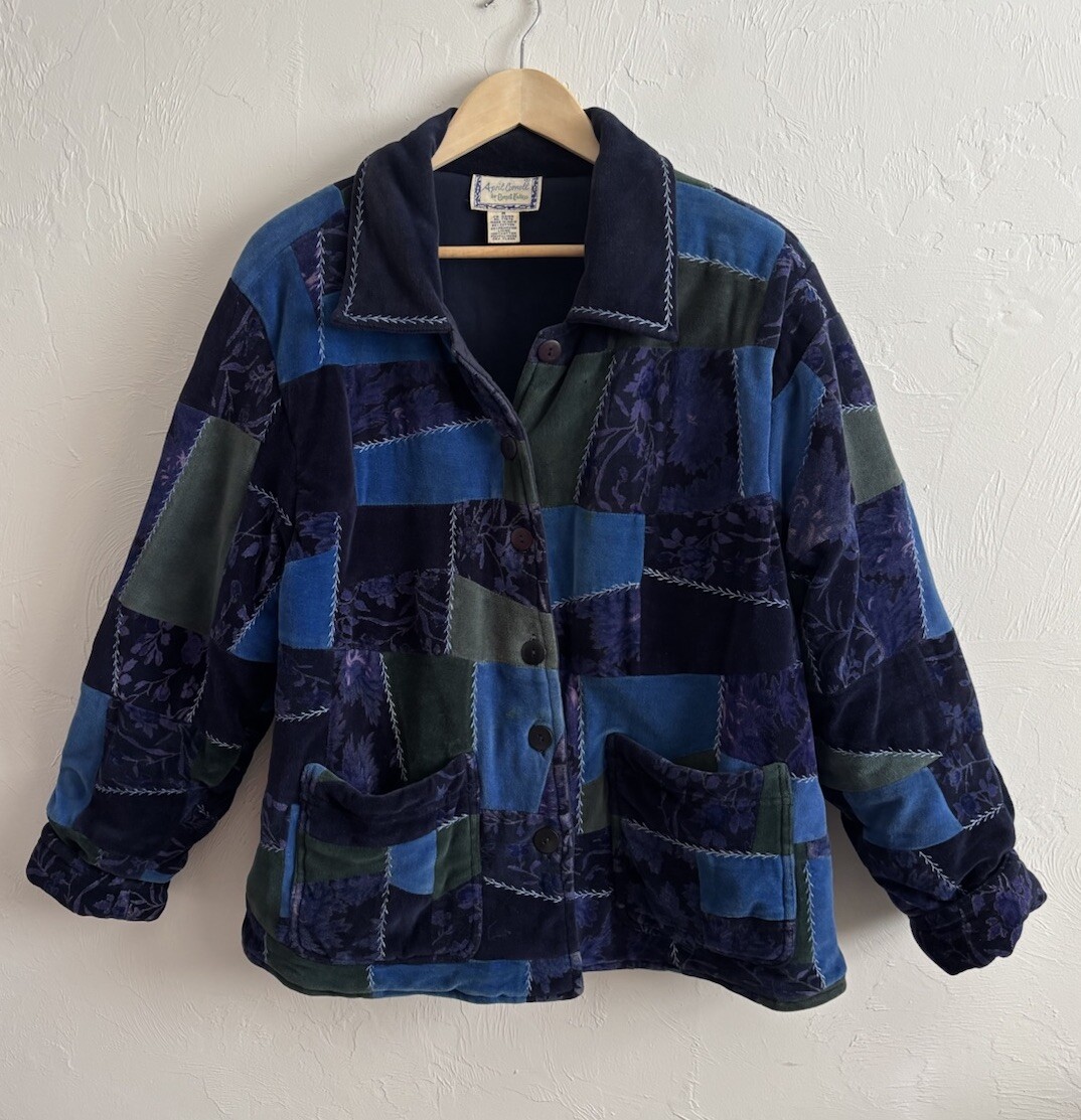 Vintage April Cornell Blue Green Velour Patchwork Button Up Quilted Coat Size M