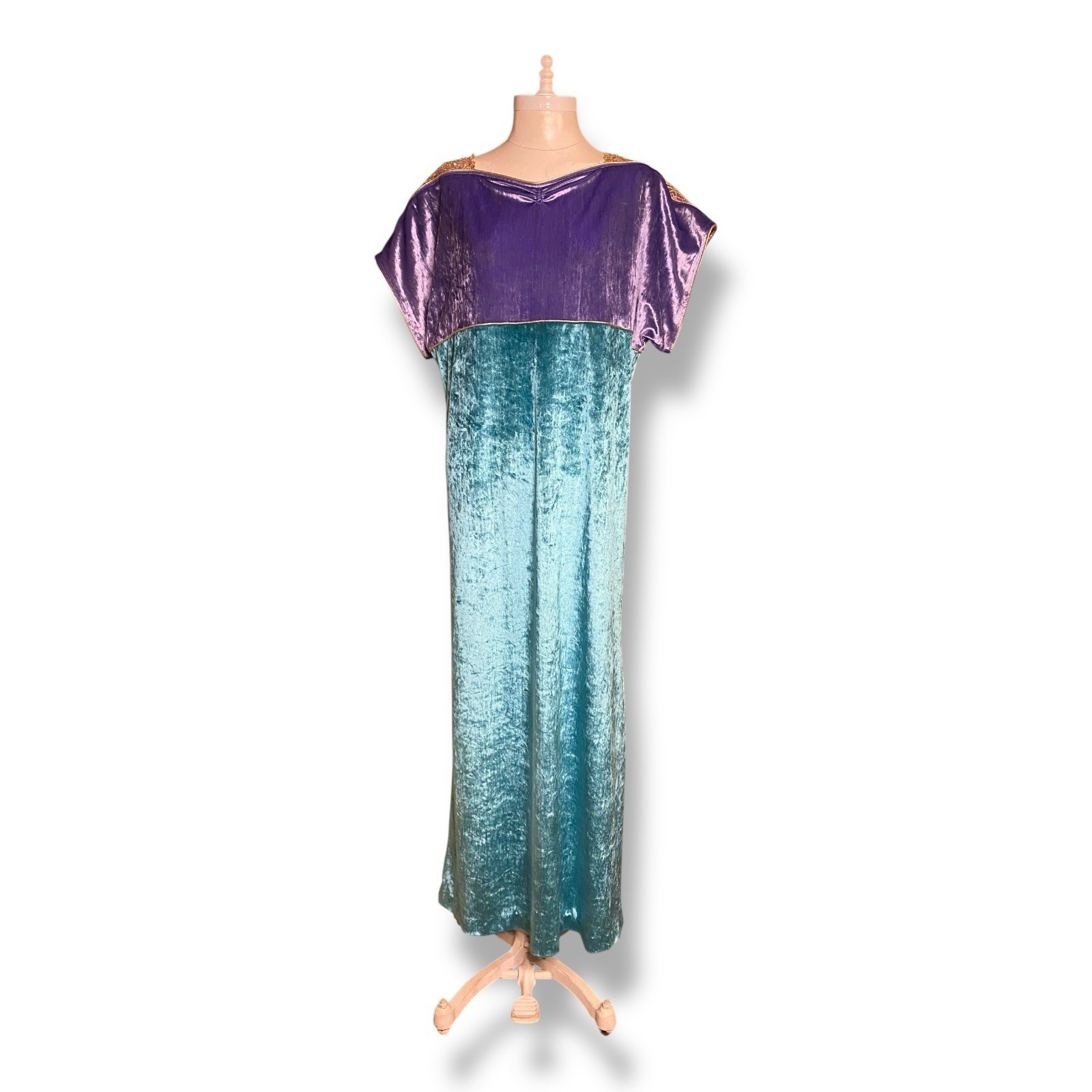 Vintage Bill Tice Dress Velvet Loungewear Kaftan Aqua Blue Purple Leisure Med