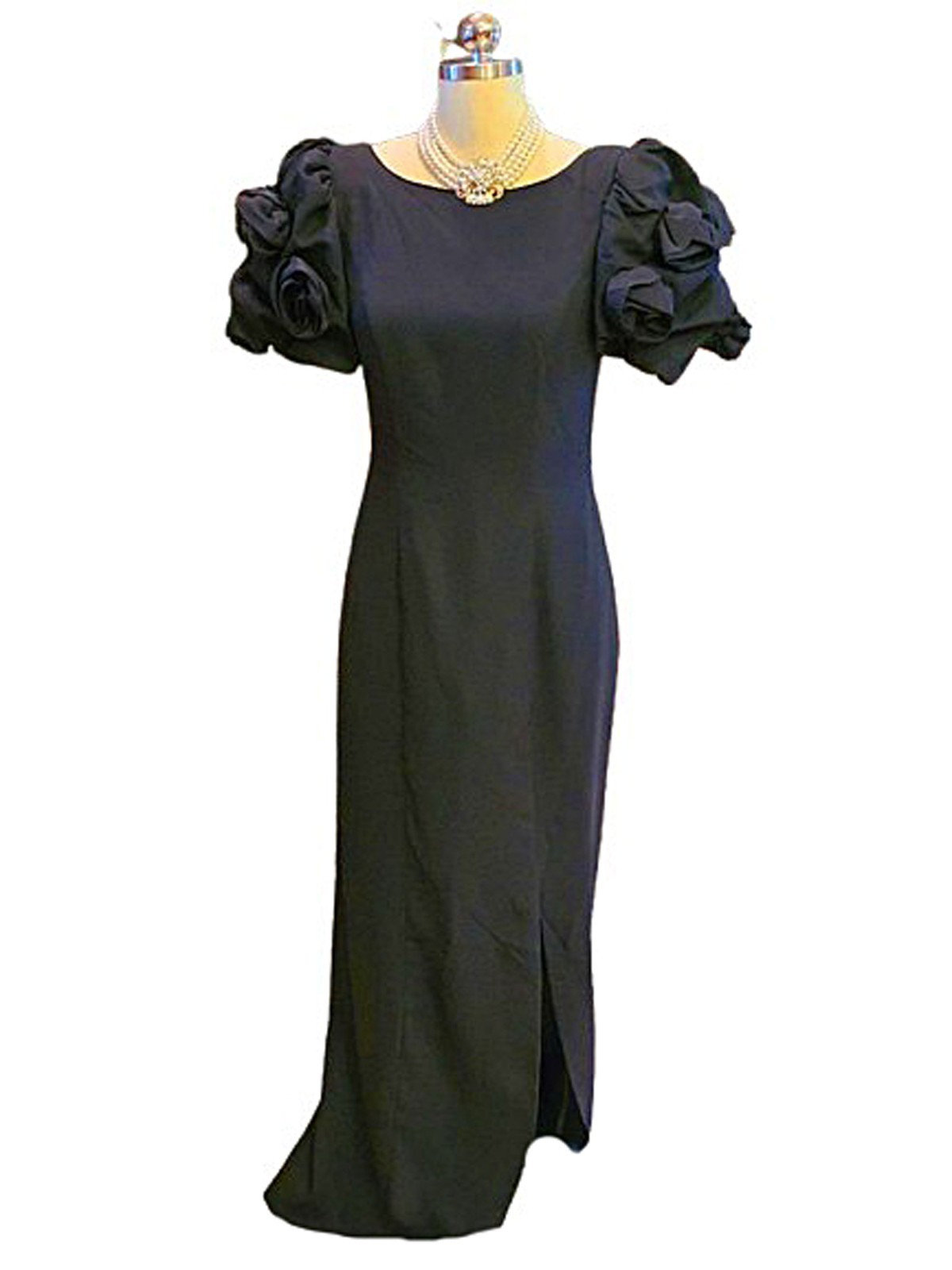 VINTAGE JACK BRYAN &rsquo;80s -&rsquo;90s BLACK EVENING GOWN ROSE SLEEVES HOLLYWOOD GLAMOUR