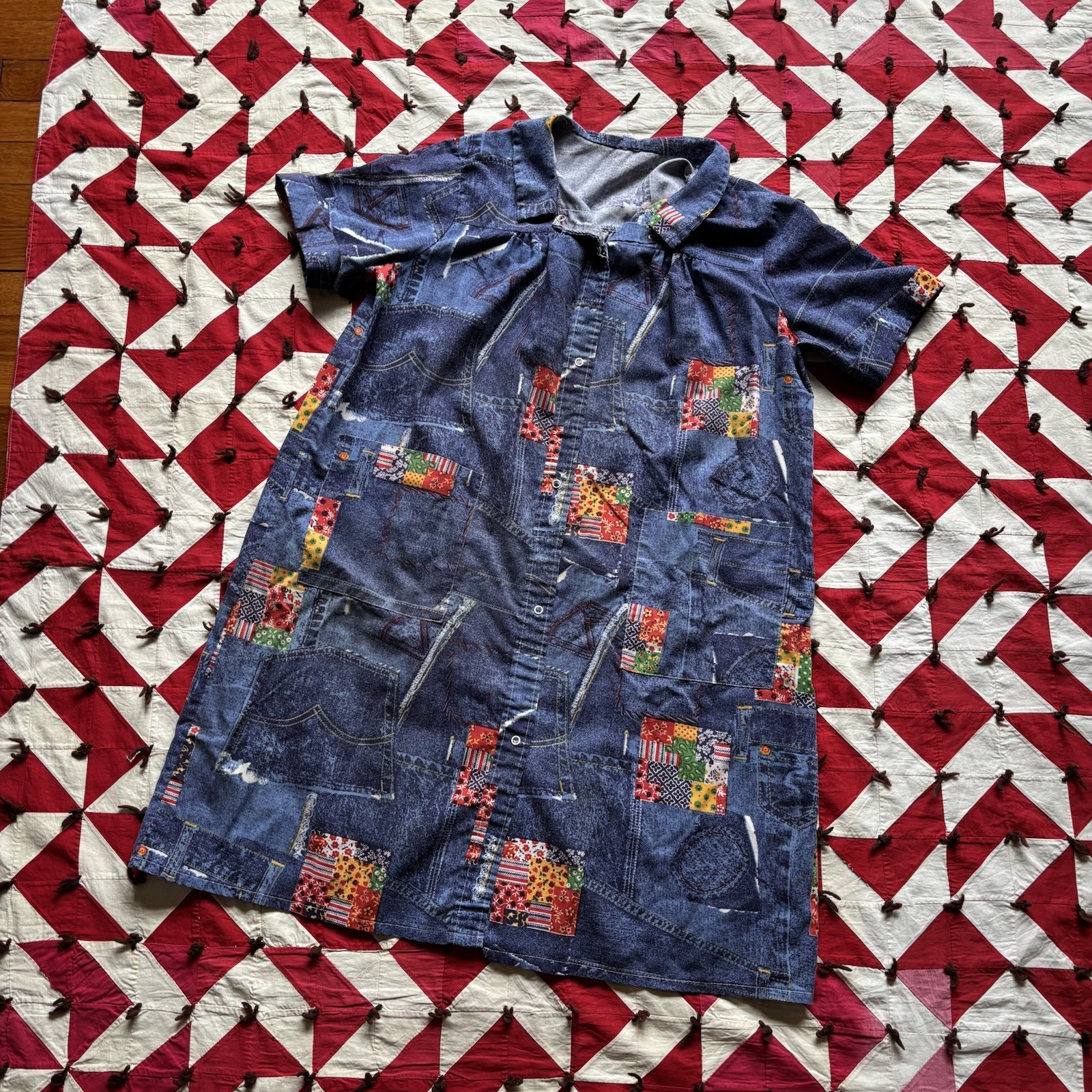 Vintage 1970s Patchwork Print Smock Dress Women’s Poly Blend As Is Hippie
