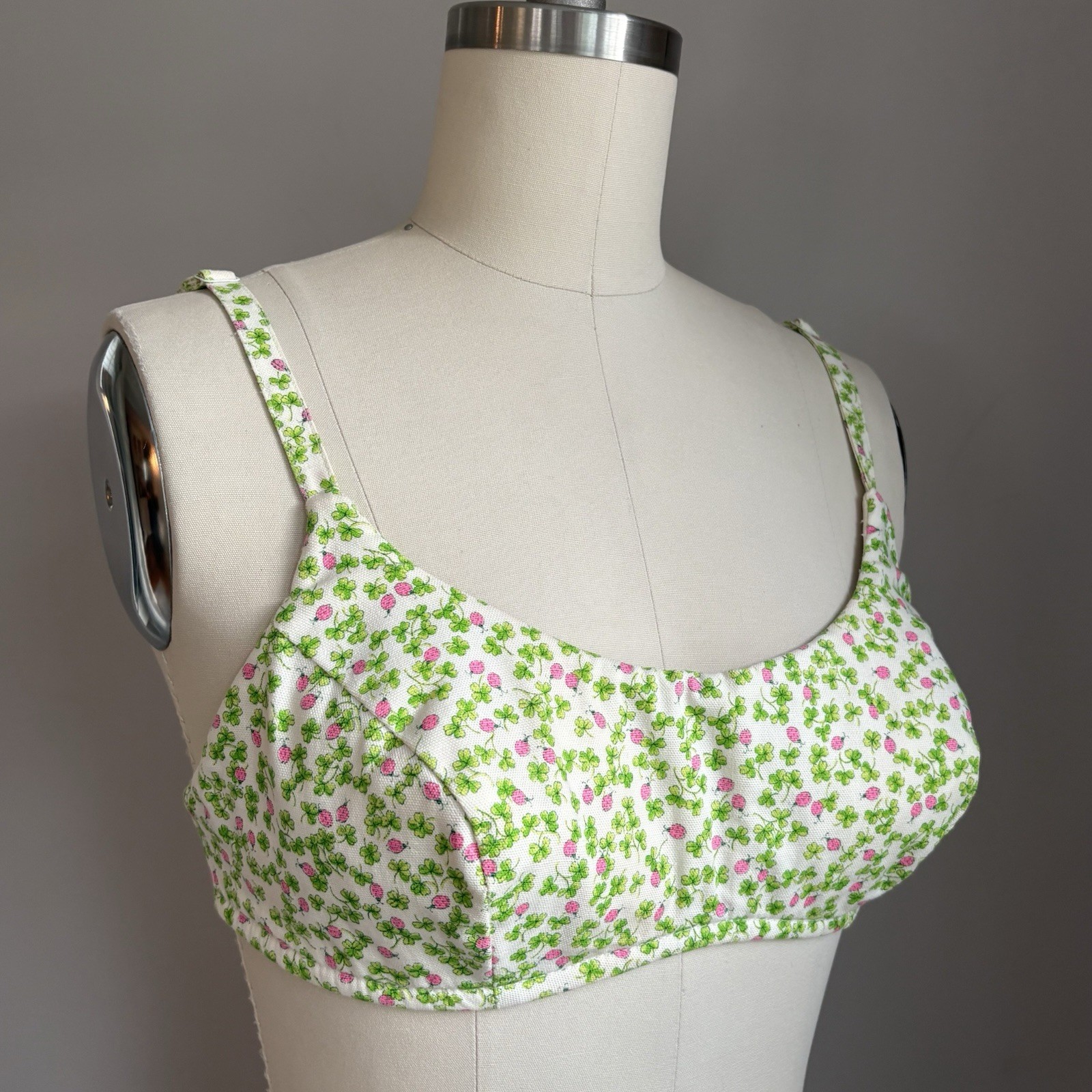 Vintage 1960’s Four Leaf Clover Shamrock & Pink Ladybug Bikini Halter Top XS