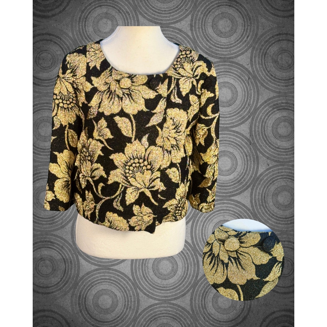 Vintage 60s Gold Lurex Black Floral Brocade Bolero Crop Evening Coat L