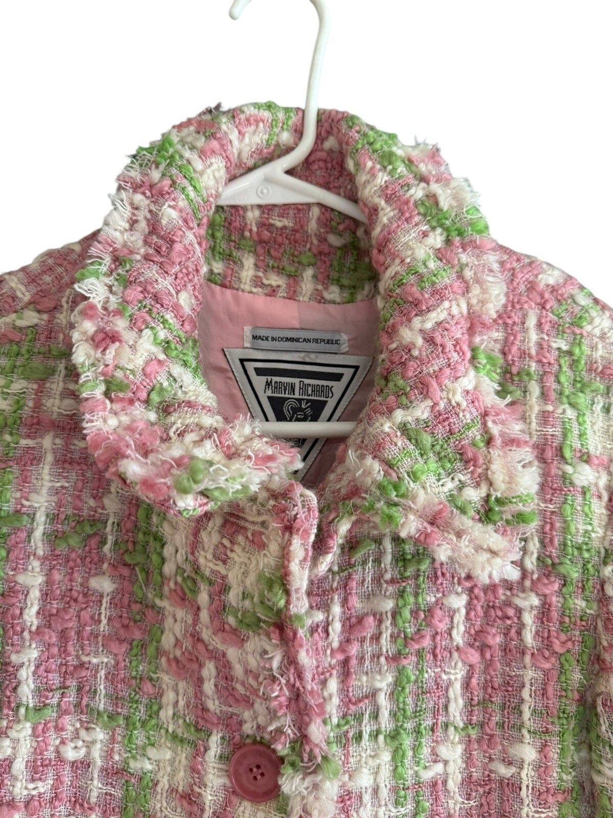 Vintage Marvin Richards Houndstooth Wool Tweed Boucle Coat Fringe Small Pink