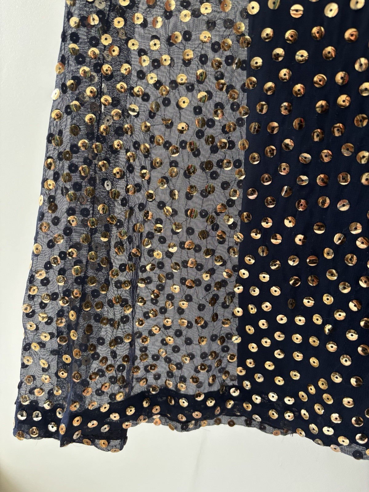 70s Joan Leslie by Kasper Sequin Party Dress Navy Gold Sheer Sleeve VTG