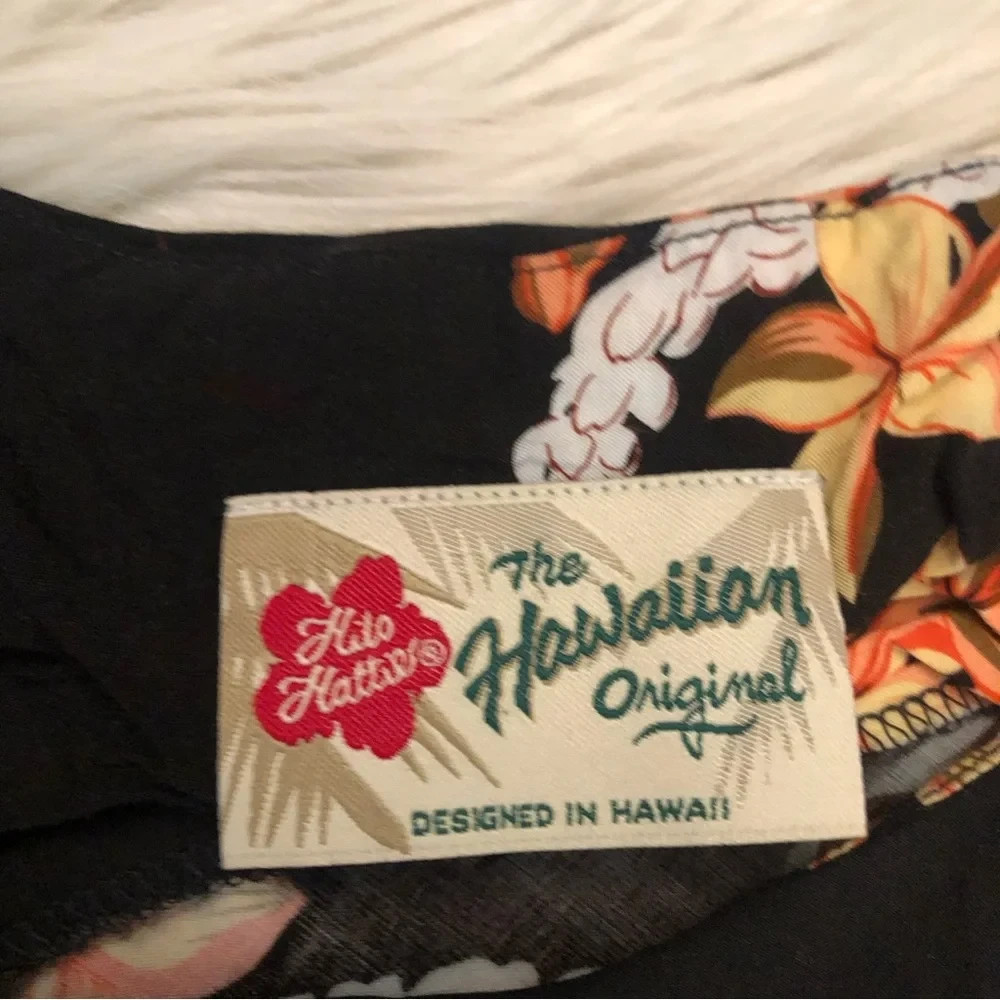 Vintage Hilo Hattie Hawaiian Pineapple Hibiscus Print Sleeveless Black Dress S