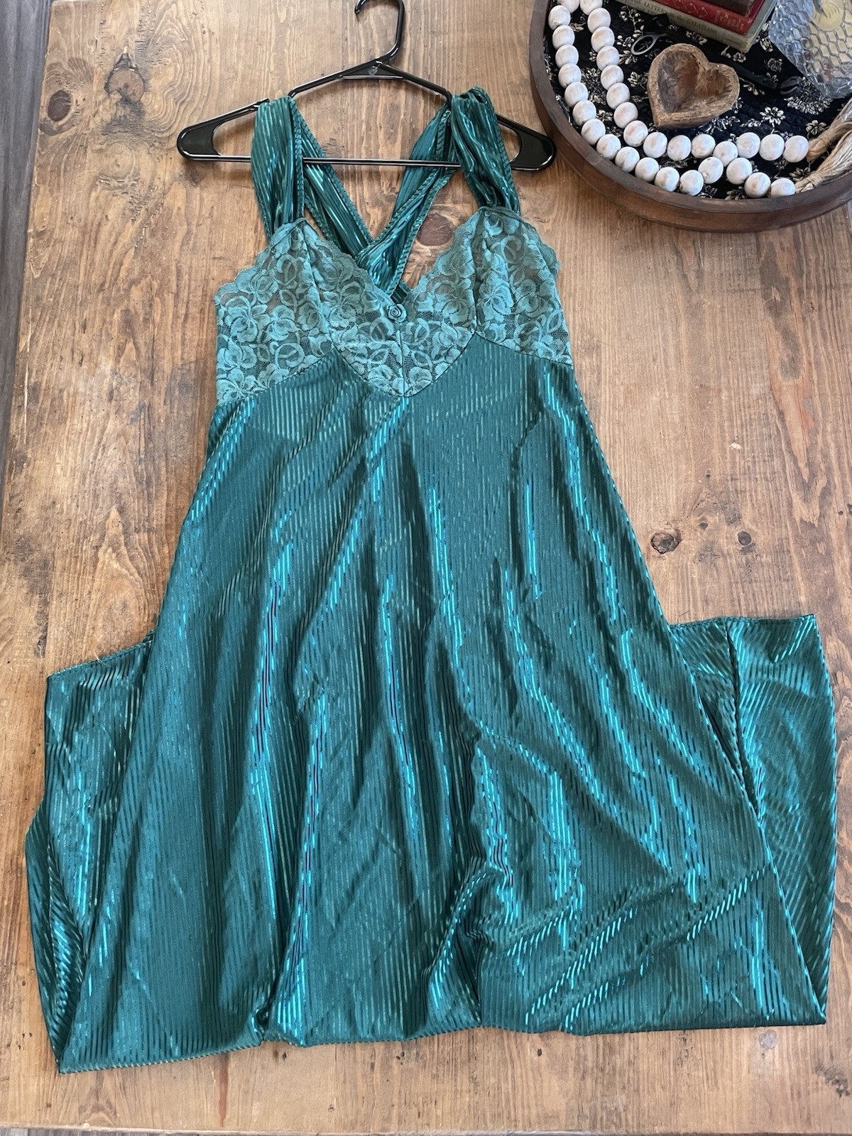 VTG Large Petra Emerald Green Illusion Nightgown Negligee Gown Crisis Cross Back