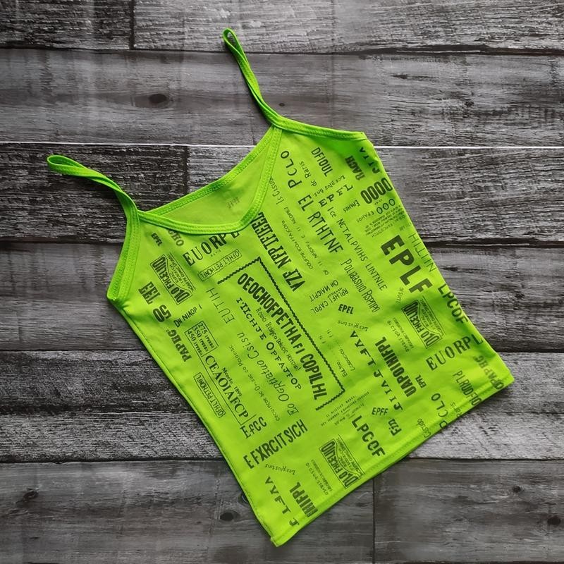 Vintage Y2K Lime Neon Green Text Print Cami Tank Top Cyber Grunge Clubwear XS