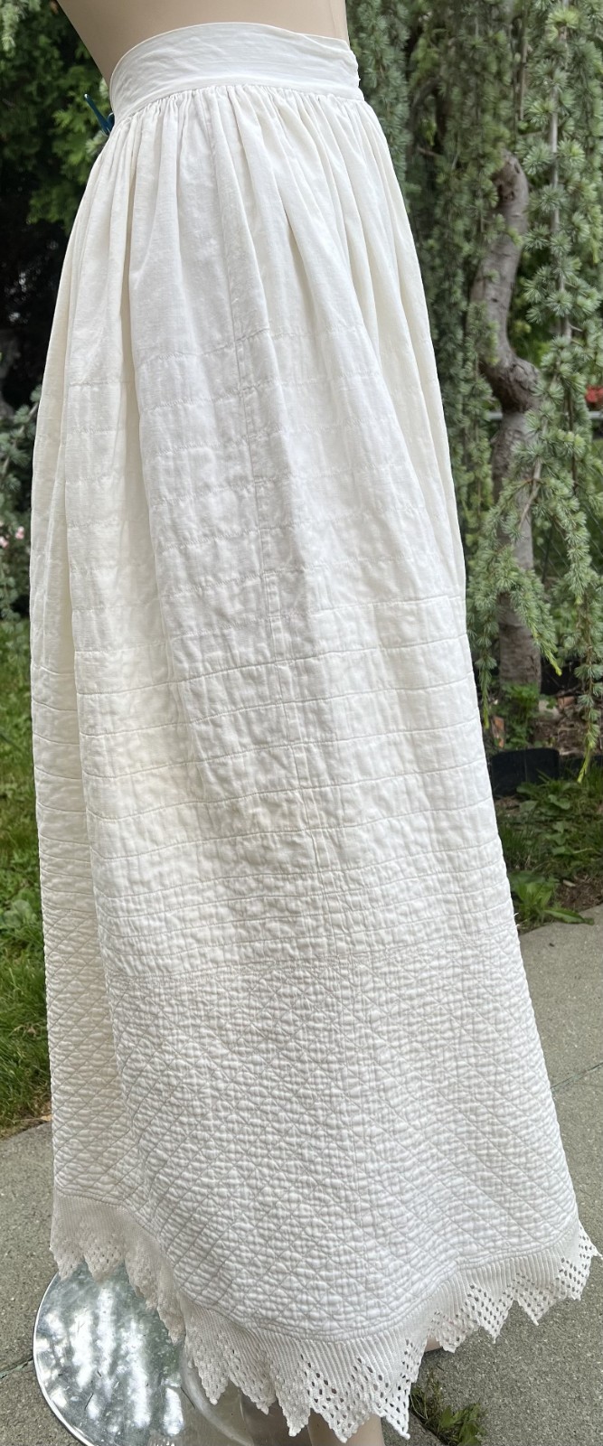 ANTIQUE EDWARDIAN WHITE COTTON QUILTED PETTICOAT W/ CROCHETED HEM