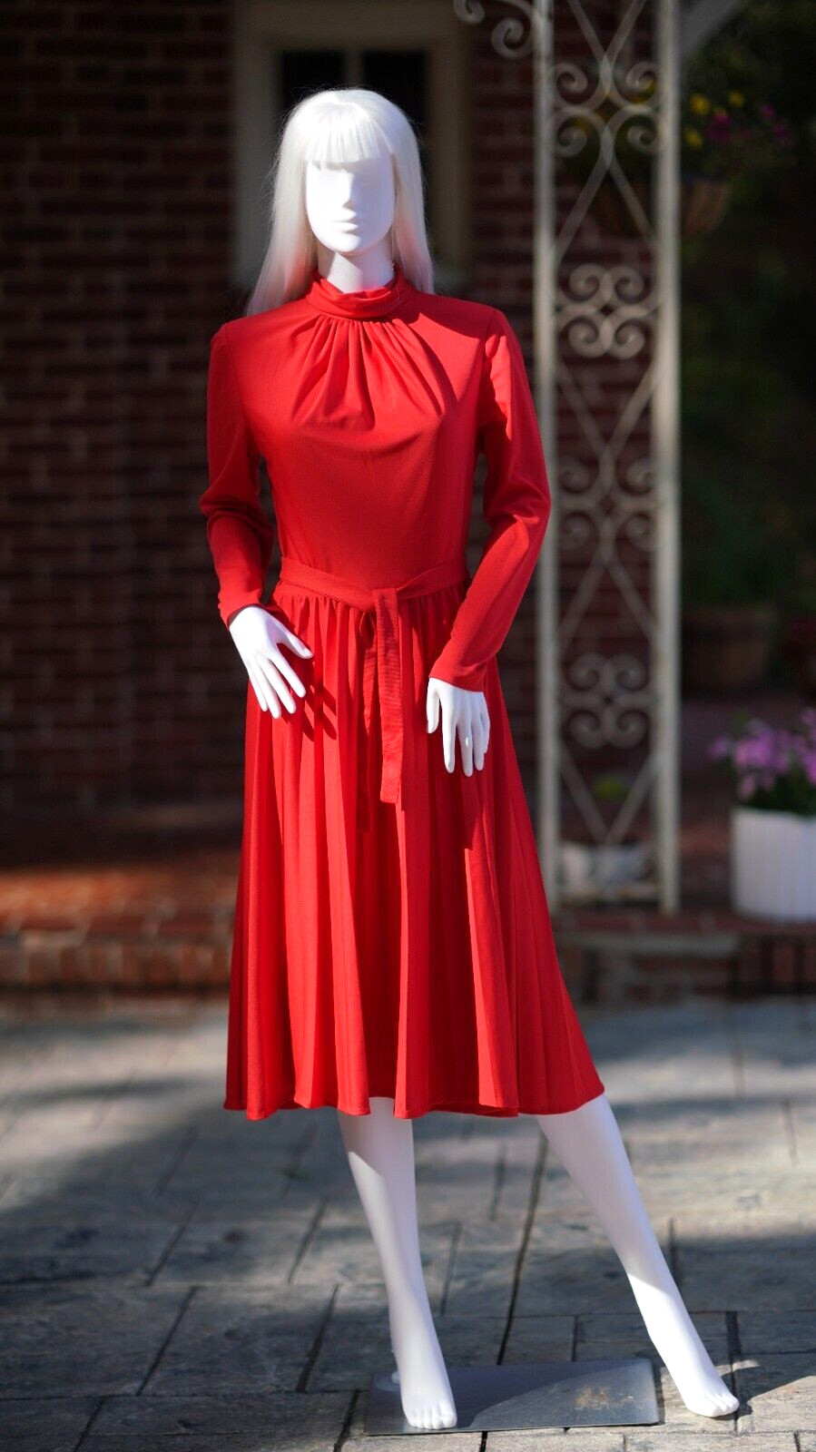 1960s Vintage Red Dress with Pleated Skirt and Mock Turtleneck / Alfred Werber