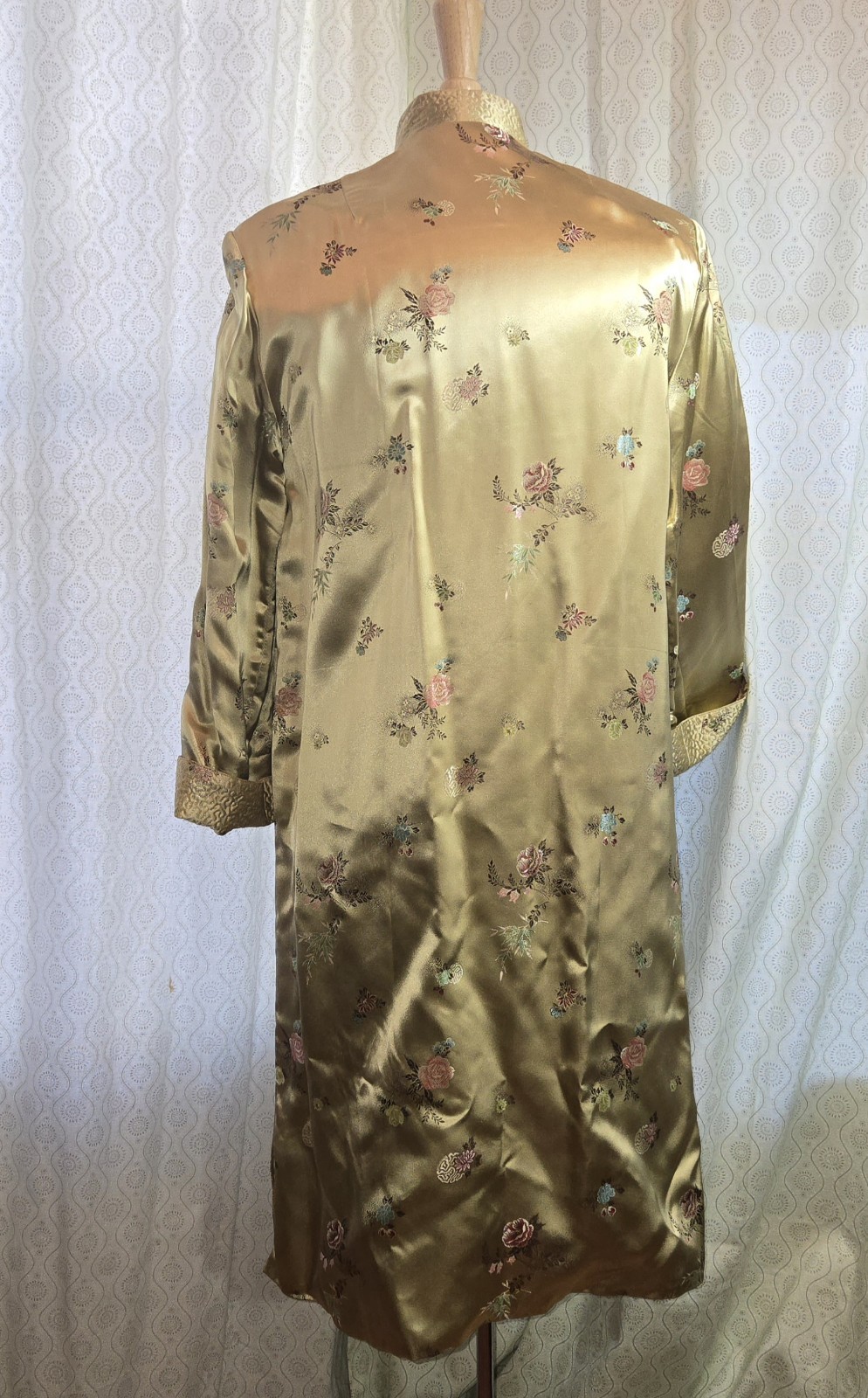 Chinese Brocade Embroidered Satin Frog Knots Long Duster Coat Tangzhuang 38 M