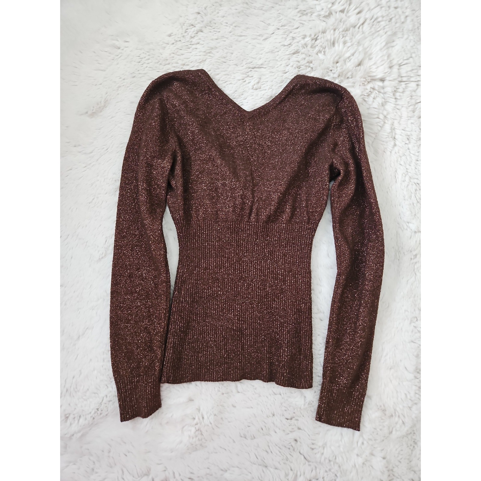 Caché Metallic Knit Top M Medium Bronze Brown Glitter Shimmer Wrap Sweater VTG