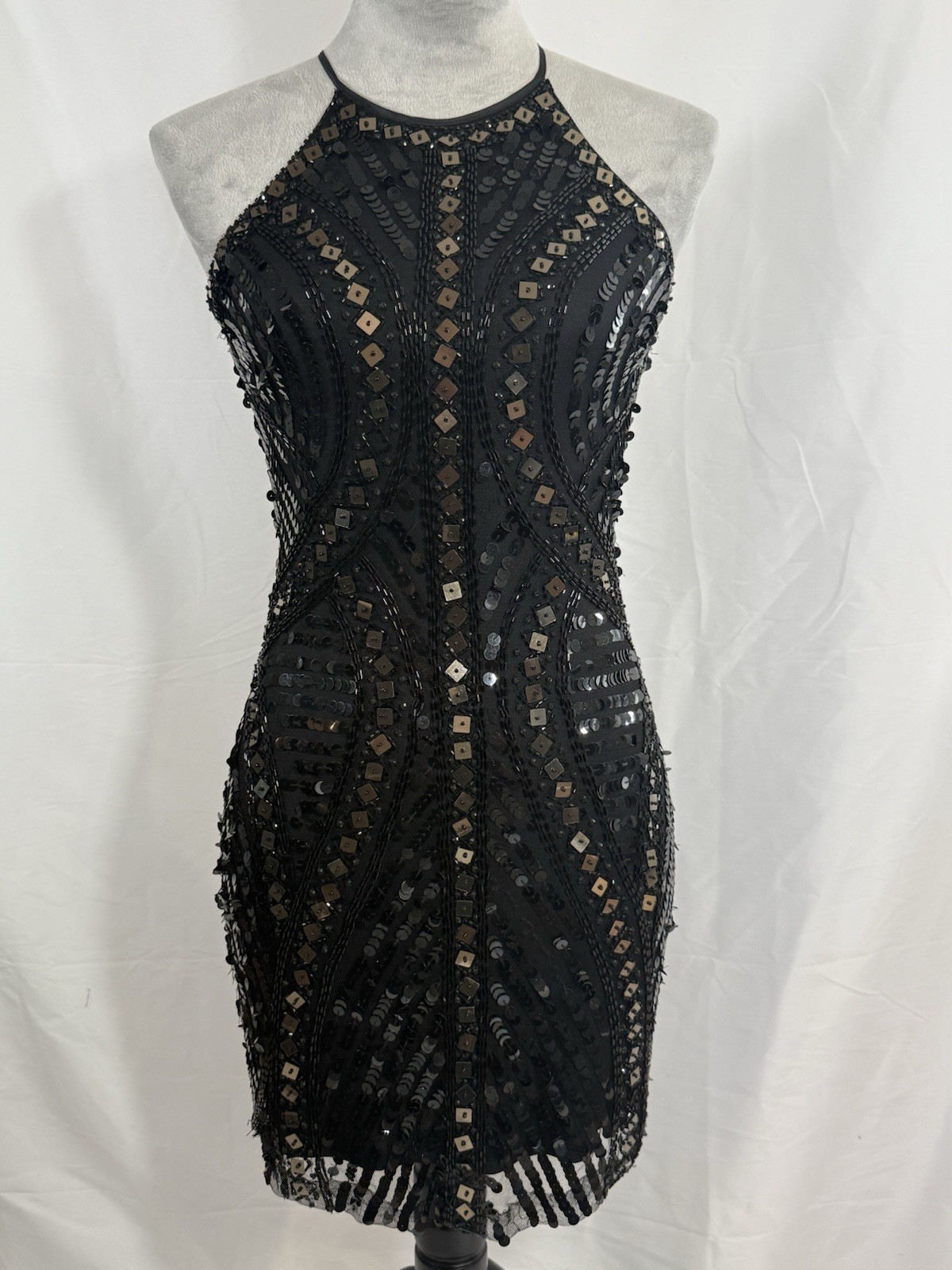 Parker Black And Gold Sequins Mini Dress Size XS, Halter Neck Y2K Vintage