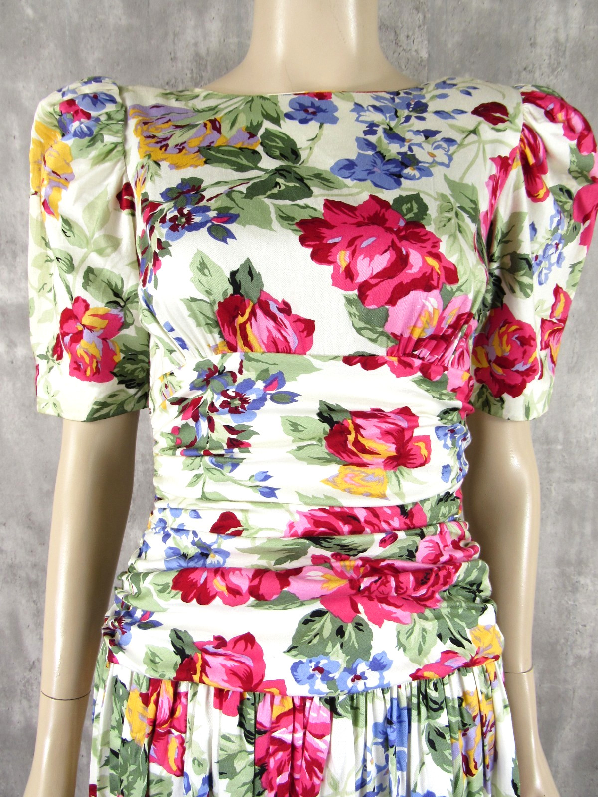 Vintage 80s Misty Lane Floral Cotton Garden Party Tea Dress Open Back Midi Dress