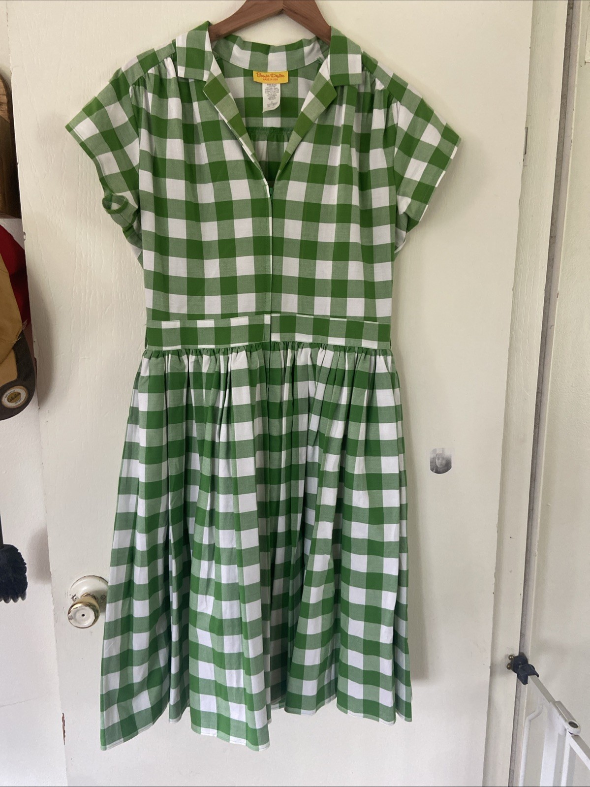 VTG Bernie Dexter Pin Up Dress Size L Green White Plaid Fit Flare Pockets Retro