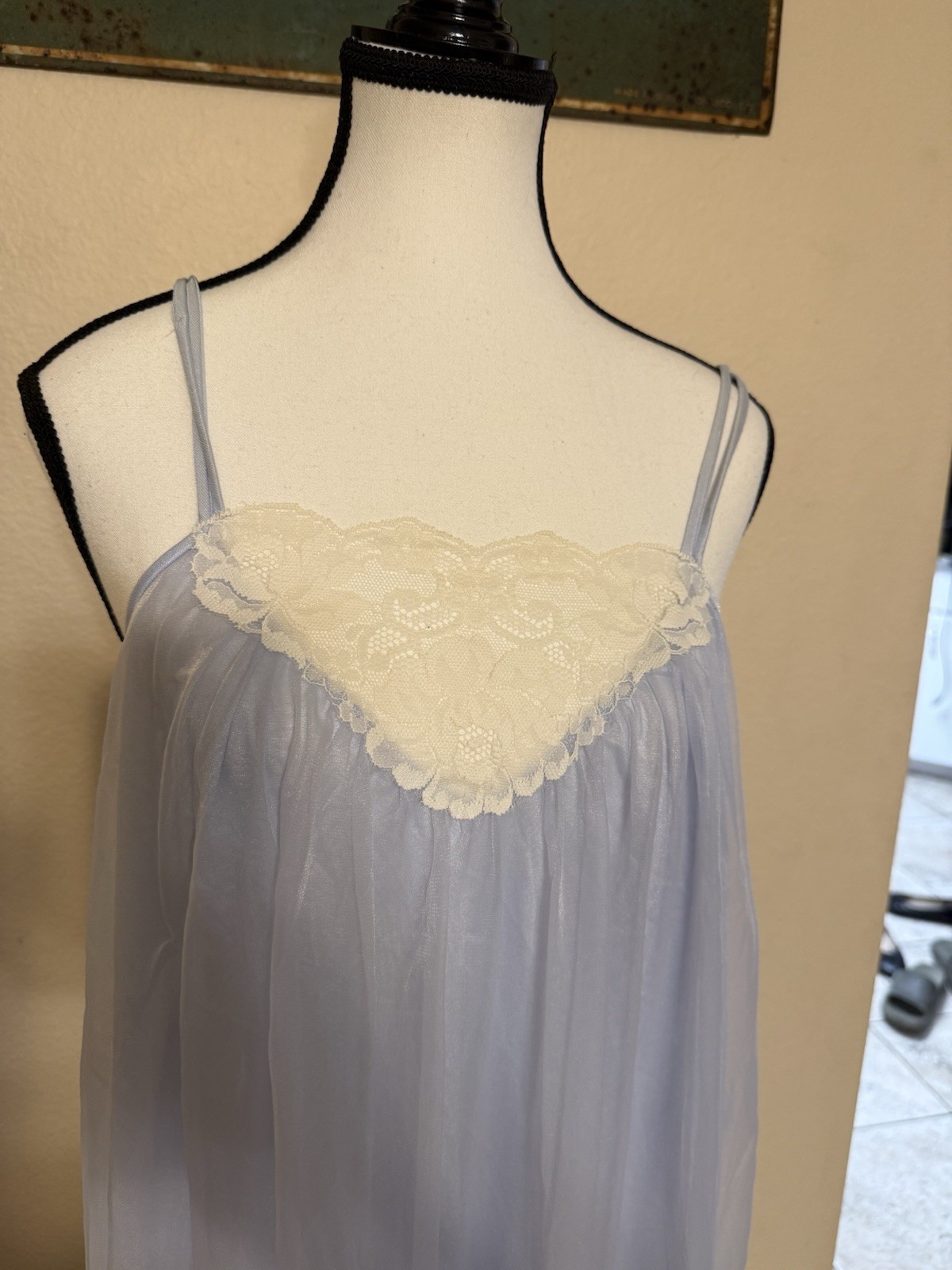 VTG Sears USA Nylon Light Blue Lace Long Maxi Nightgown Pegnoir Spaghetti Strap