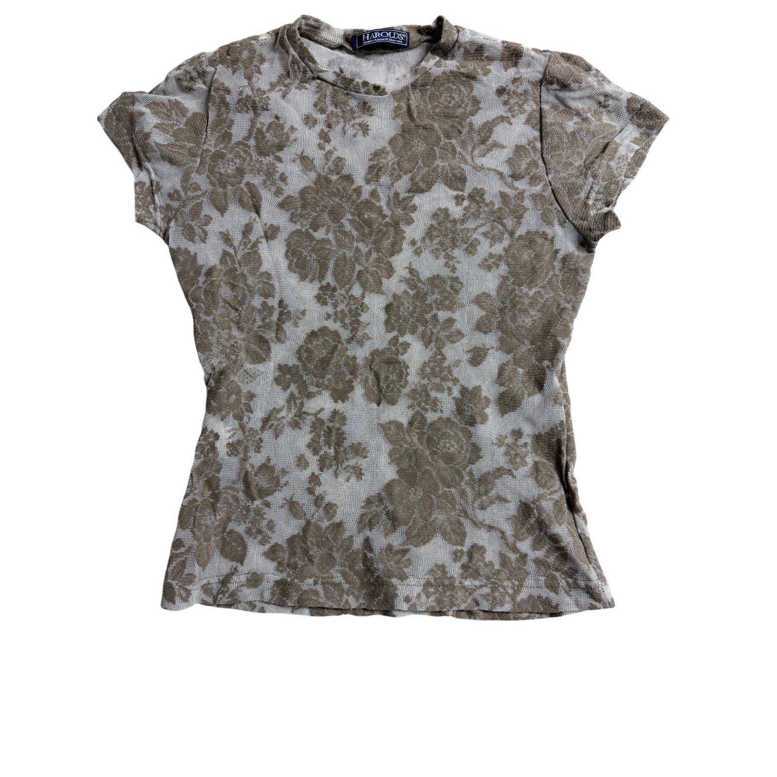 Harolds Vintage Floral Mesh Lace Top Brown Tan Short Sleeve Crew Neck Small USA