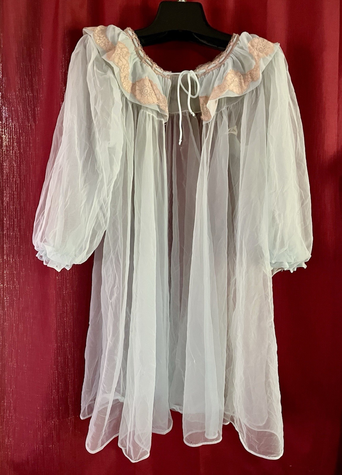 Lisette Medium Light Blue Sheer Chiffon Peignoir Baby Doll Robe Beige Lace Trim