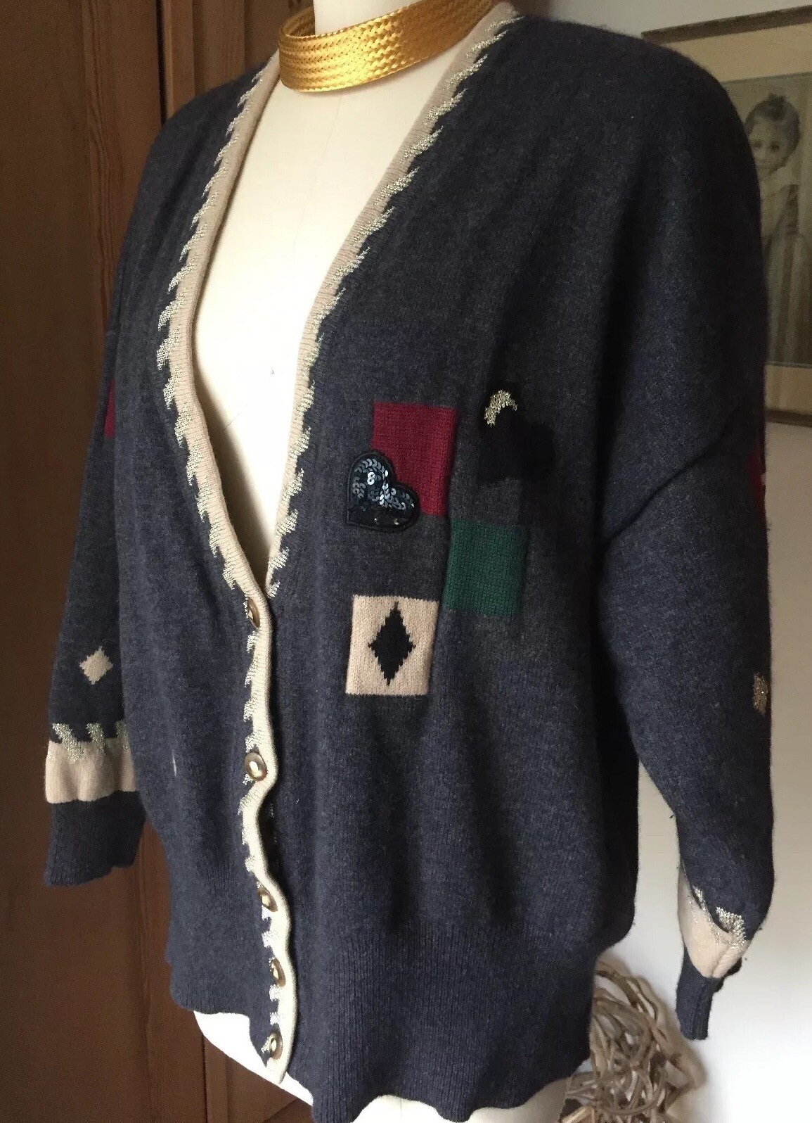 Basler Vintage Cardigan Sweater OOAK Sequin Hearts~Details Galore~ Two Ply L/XL
