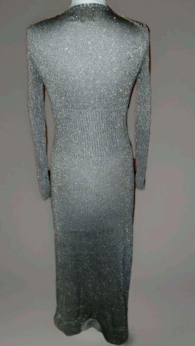 Vint 70&rsquo;s Studio 54 SILVERY METALLIC LUREX Knit V NECK Maxi Dress M HONG KONG