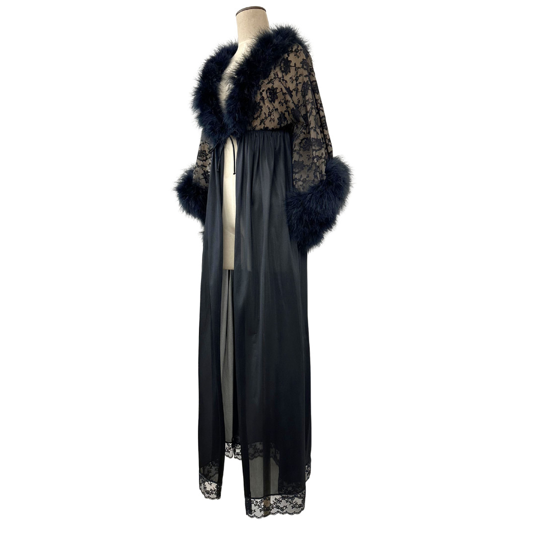 Vintage 1960s Jenelle Black Marabou Feather and Nude Illusion Lace Peignoir Robe